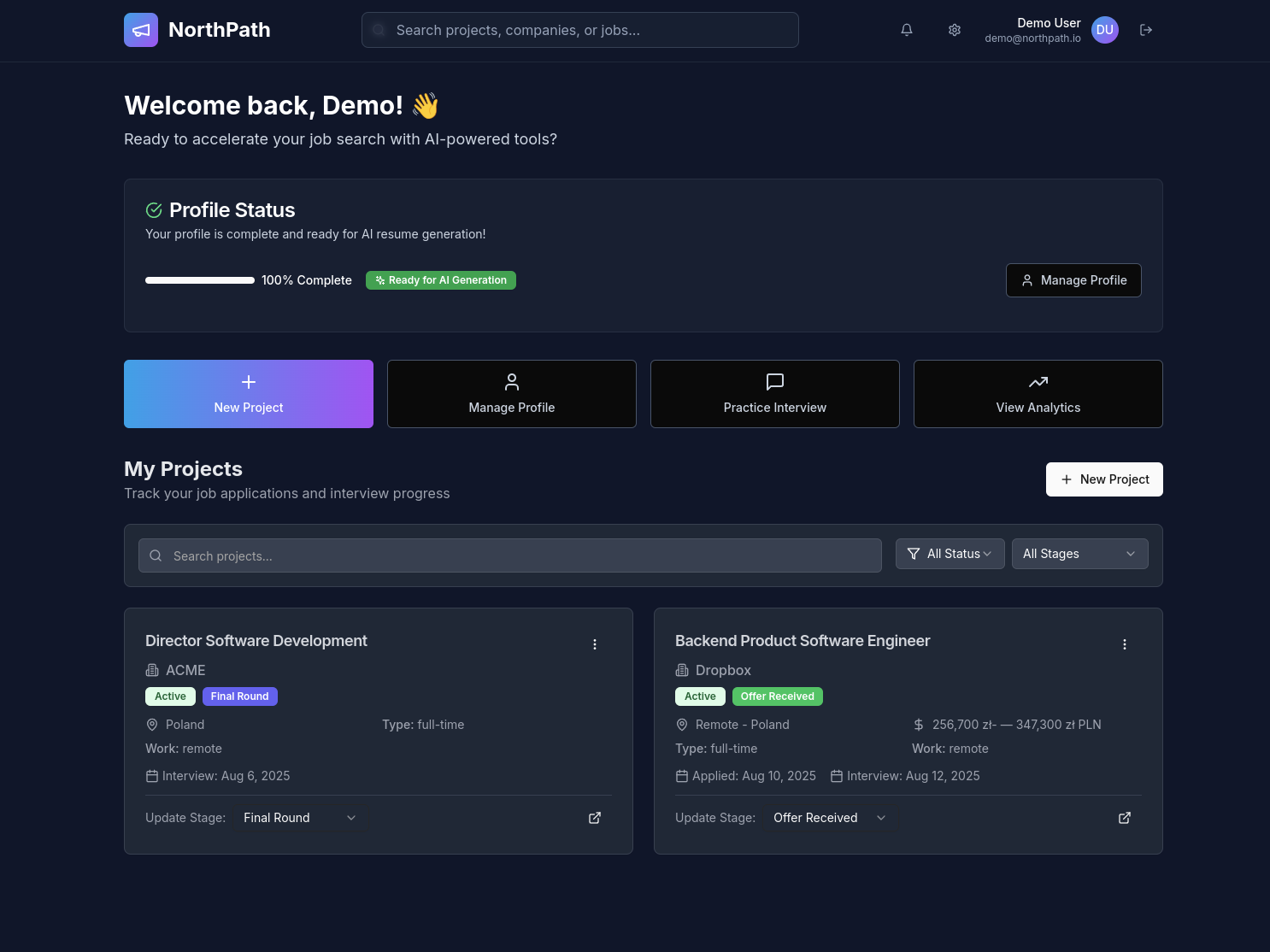 NorthPath Dashboard - AI-powered interview preparation interface showing job tracking, resume generation, and interview coaching features